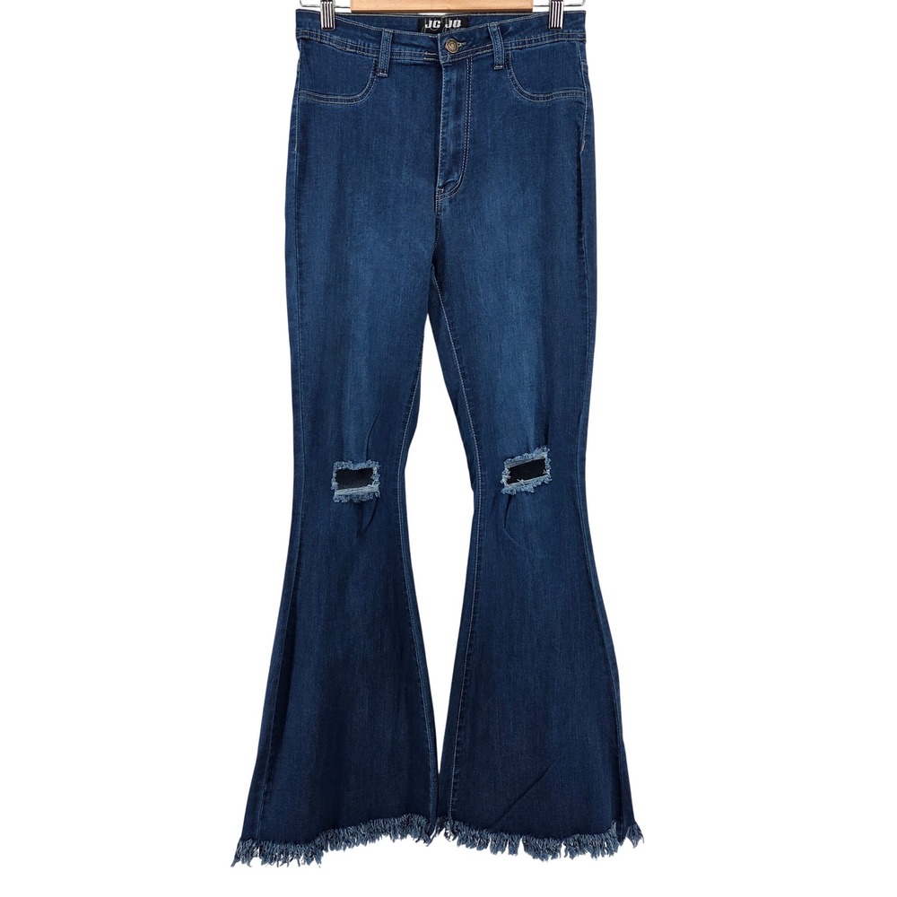 JC JQ Jeans Blue Distressed High Rise Flare Bell Bottom Boho Festival Womens‎ L